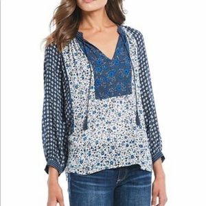 Lucky Brand Border Print Peasant Top Blue Floral Tassel Tie Flowers Medium